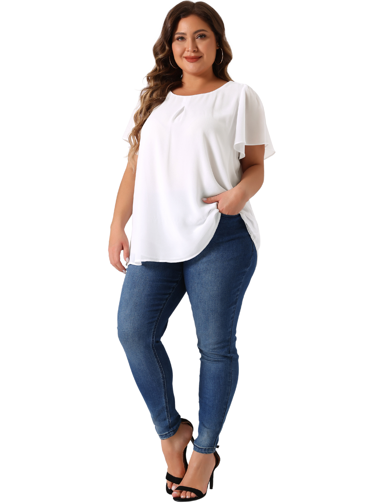 DARING DIVA Women's Plus Chiffon Ruffle Double-Layered Top 1X White