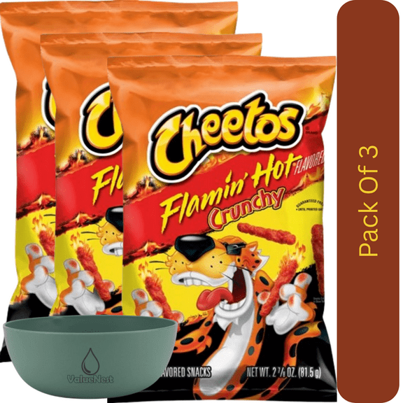 Cheetos Flamin’ Hot Crunchy Cheese Snacks, 3.25 oz Bag With Olive Green Bowl By ValueNest