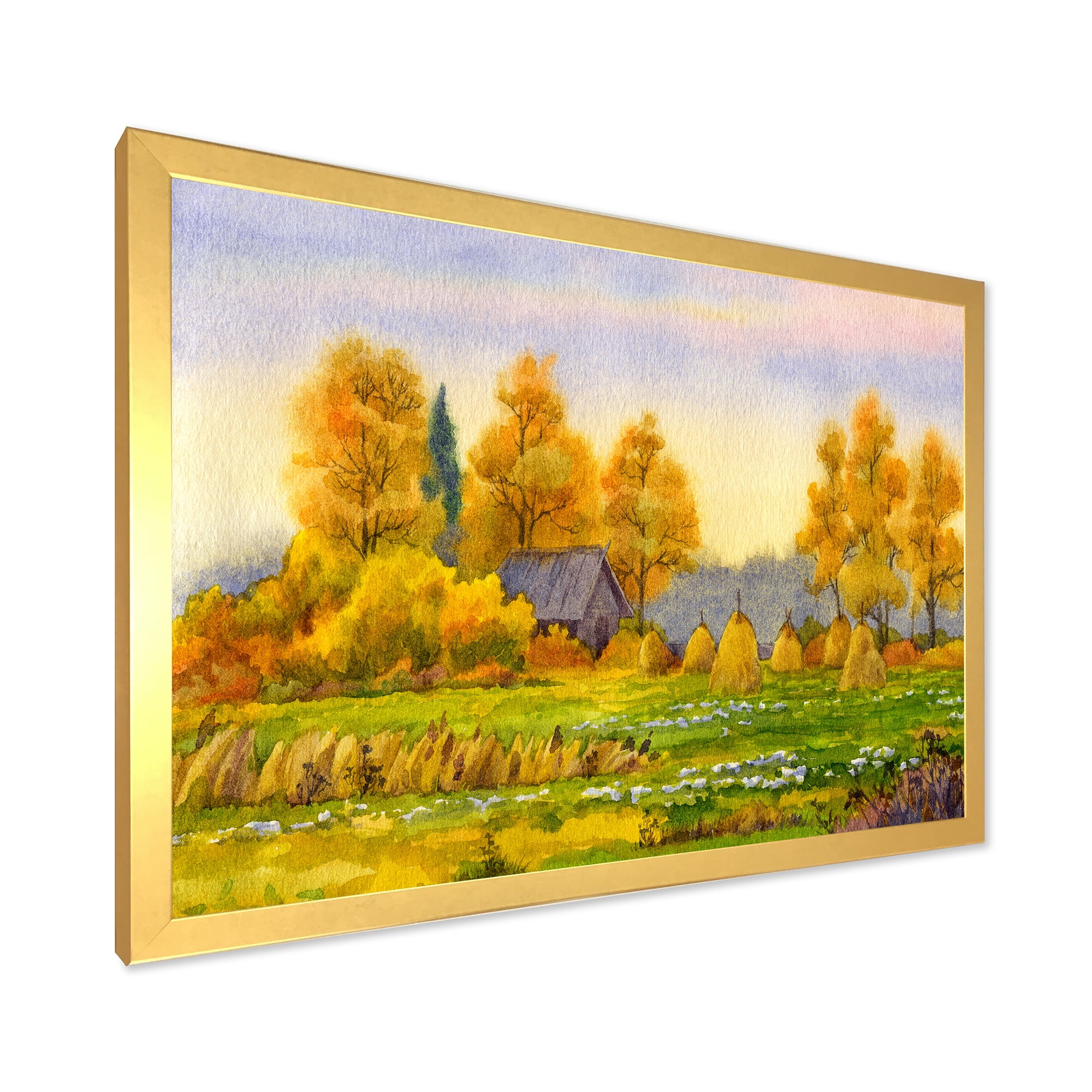 Designart 'Orange Fields With Haystacks II' Lake House Framed Art Print