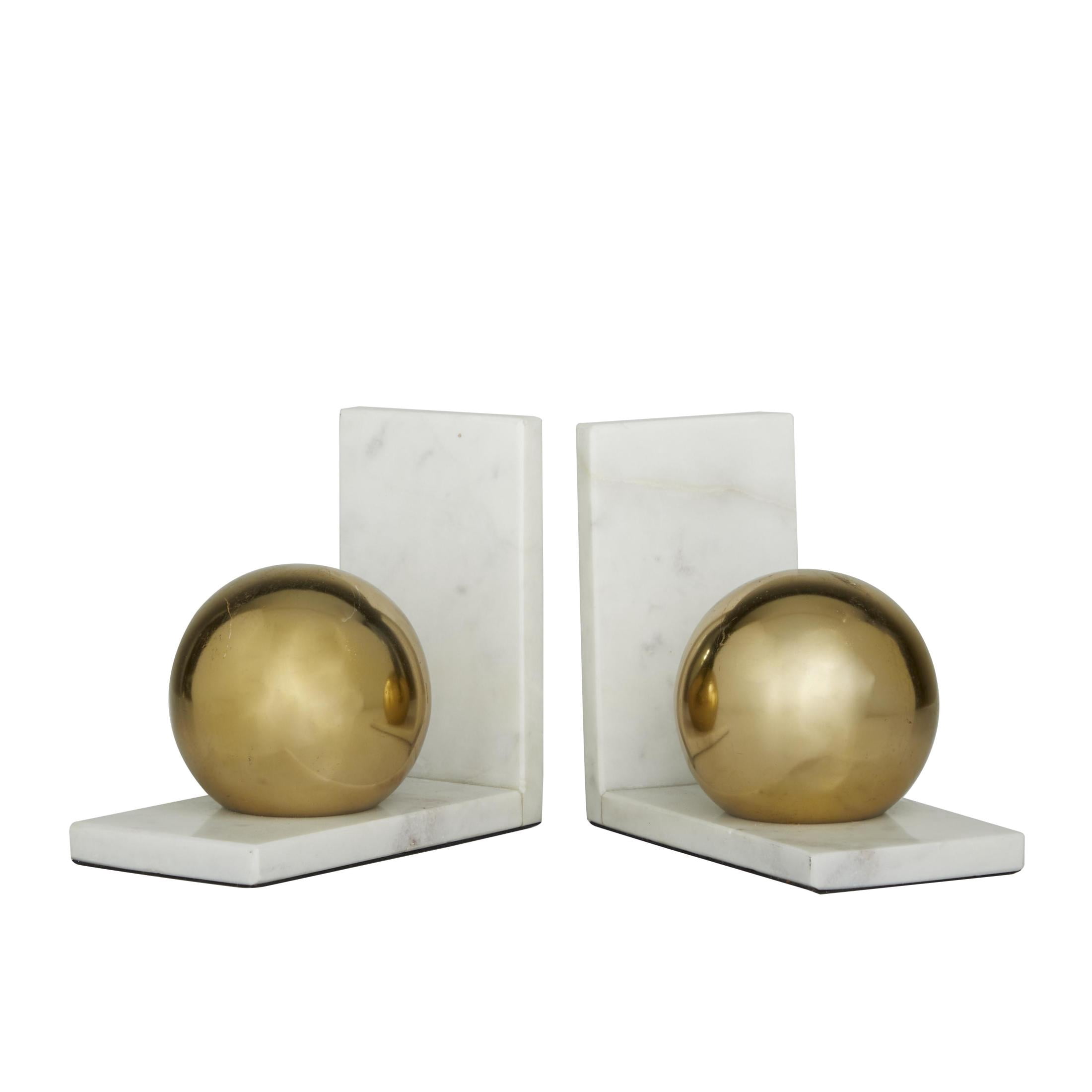 Cosmoliving by Cosmopolitan Marble Modern Decorative Bookends with Metallic Gold Balls 7"W x 6"H, Gold Finish with White Marble Stands