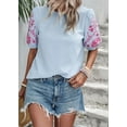 thumbnail image 4 of Women Floral Embroidered Textured Tops Crewneck Puff Short Sleeve Casual Loose Solid Embroidery Blouses Shirts Blue XL, 4 of 9