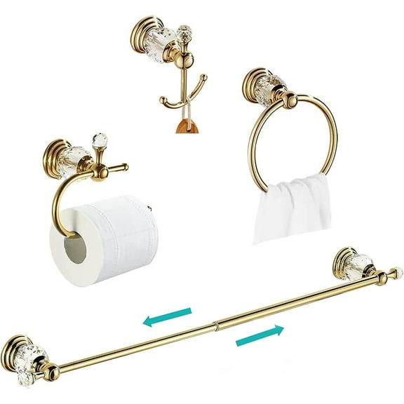Gold Bathroom Accessories, Brass Crystal Towel Bar Set Toilet Paper Holder Towel Ring Robe Hooks 4 Pieces Wall Mounted