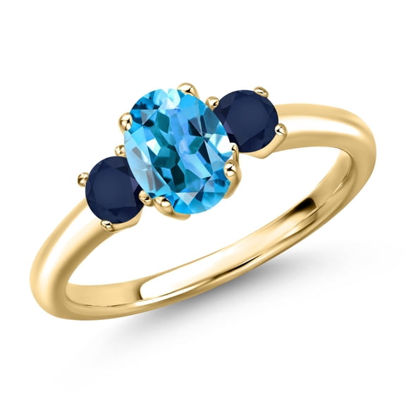 Gem Stone King 10K Yellow Gold Swiss Blue Topaz and Blue Sapphire Engagement Ring for Women | 1.44 Cttw | Oval 7X5MM | Gemstone November Birthstone | Size 5