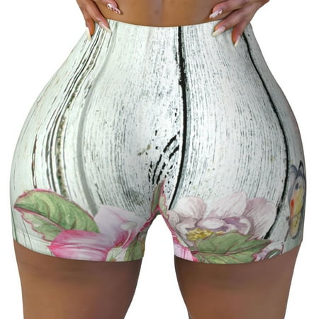 Workout Shorts Women  Vintage Wood with Floral Biker Shorts for Women Running Gym Spandex Shorts Tummy Control