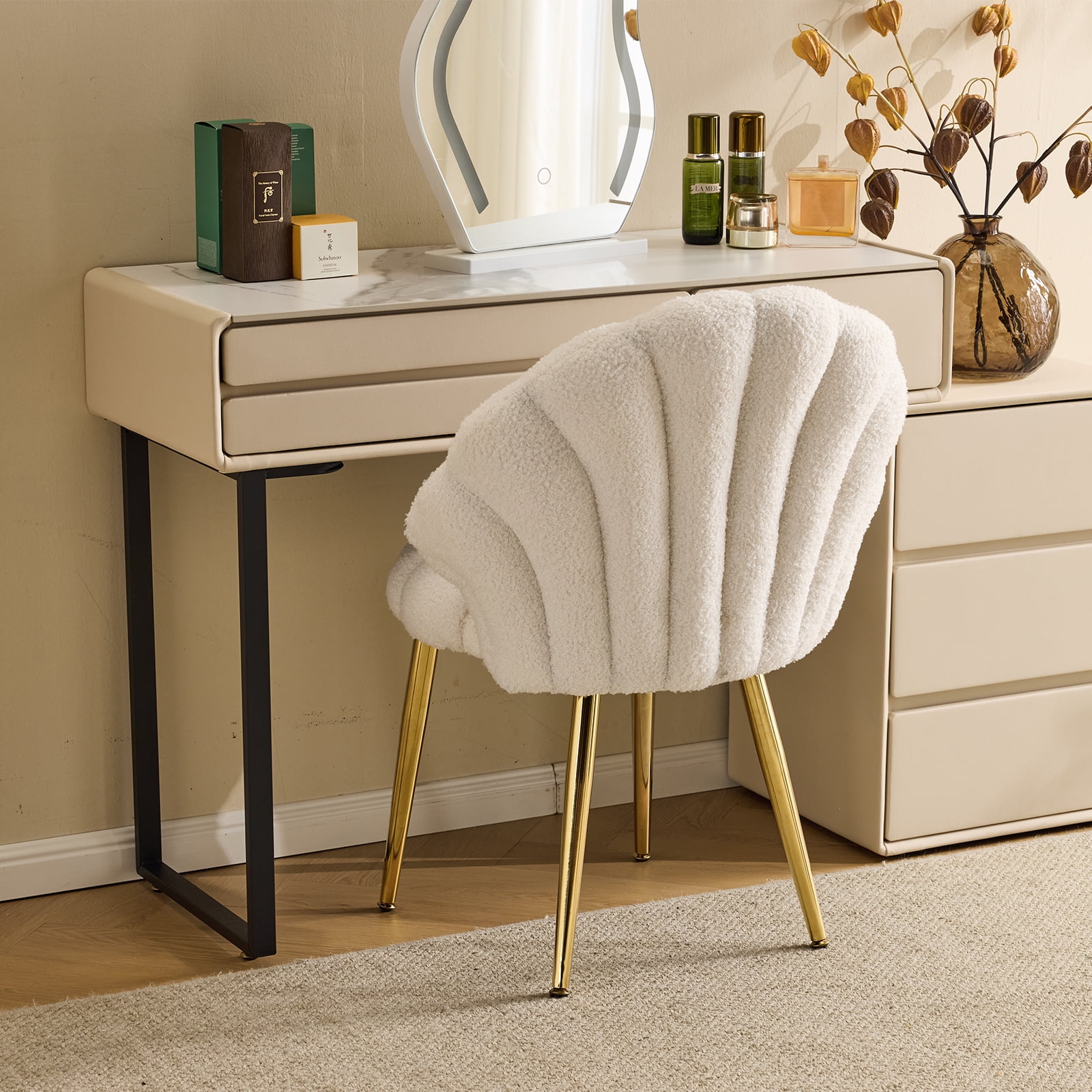 Ktaxon Vanity Makeup Chair with Teddy Velvet, Shell Design Accent Desk Chair with Lumbar Pillow and Gold Legs, Office Seating for Women Light Khaki