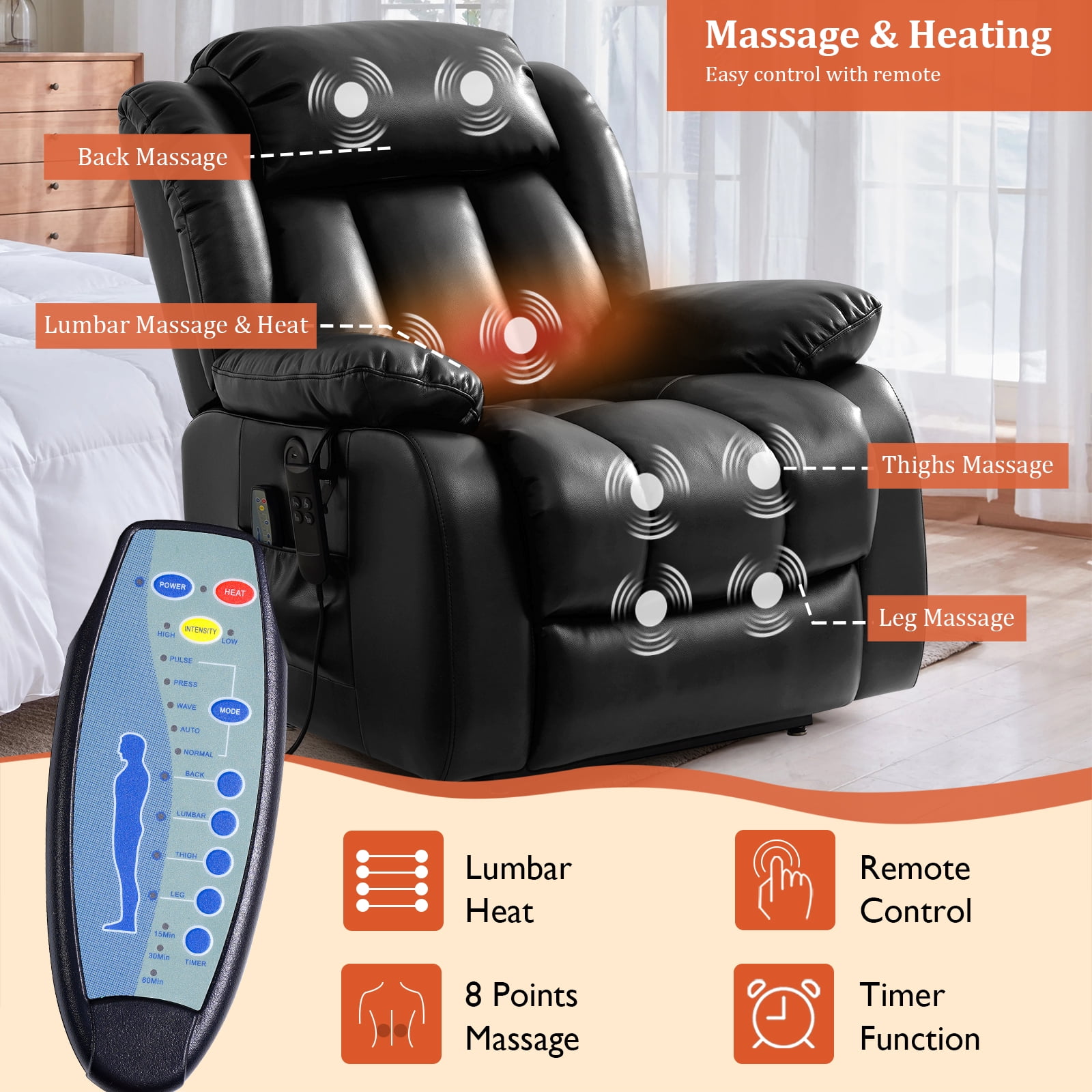 TEKAMON Infinite Position Lift Recliner Chair for Elderly with Heat and Massage Lay Flat Sleeping Leather Dual Motor Power Lift Chair for Living Room (Black)