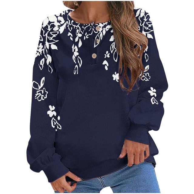 Rbaofujie Chandails d'Automne pour Femmes Col Rond Imprimé Non Positionné Manches Longues Haut à Capuche Mode Marine Chandails en Molleton et Chandails à Capuchon pour Femmes