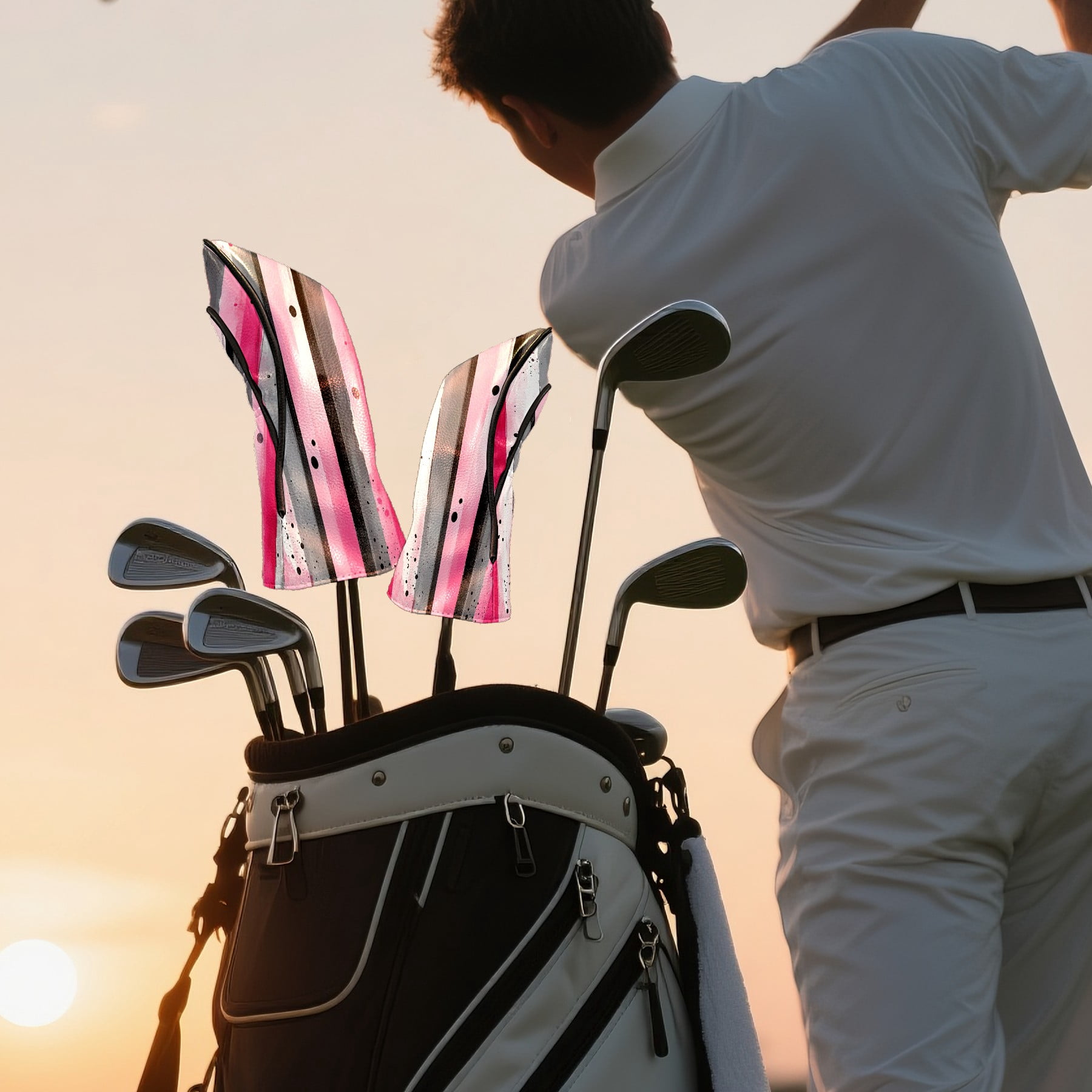 Golf Club Covers PU Leather Waterproof Head Covers for Fairway Woods Hybrids Color Stripes Unisex Fits Most Brands