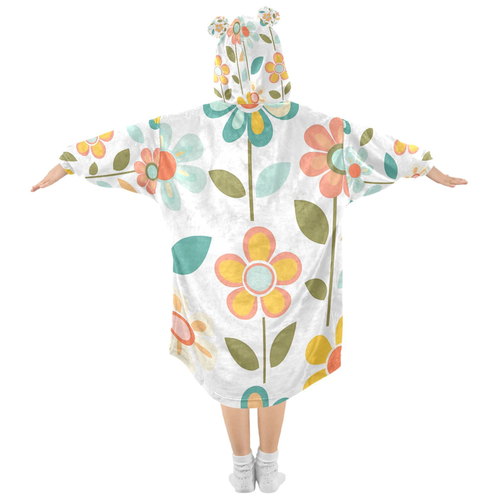 FORMRS Wearable Blanket Hoodie with Sleeves for Kids Cozy Flannel Sweatshirt, Orange Retro Flower