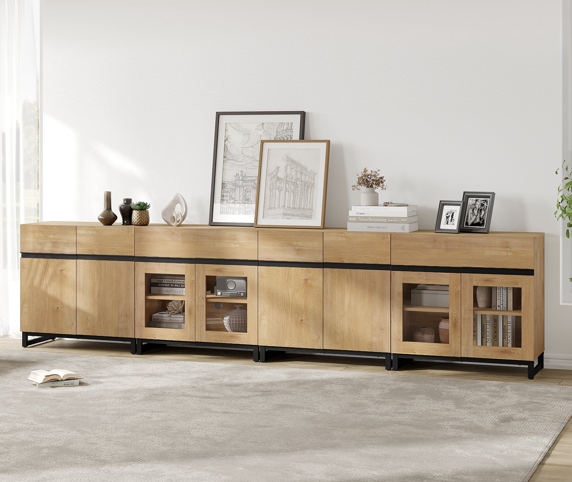 4 In 1 Modern Dresser with Glass Doors and 2 Drawers, Adjustable Shelf and Metal Base, Multifunctional Storage Chest, Closet Organizer Cabinet for Bedroom,Oak