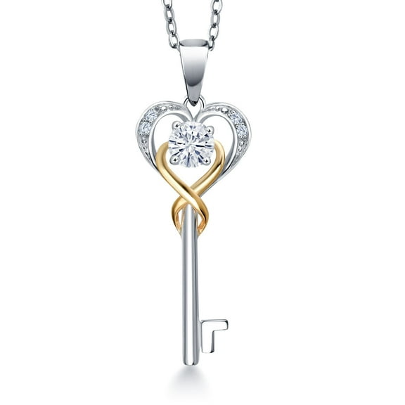 Gem Stone King 925 Sterling Silver and 10K Yellow Gold Moissanite and White Lab Grown Diamond Heart and Key Pendant Necklace for Women (0.25 Cttw, Gemstone Birthstone, with 18 inch Chain)