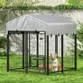 thumbnail image 3 of Outdoor Dog Kennel with Roof, Dog Kennel Outside with 2 Dog Bowls, Large Dog House Pen Dogs Run Enclosure with Secure Lock and Wateproof Sunproof Cover (4'L x 4'W x 4.6'H) Black, 3 of 7