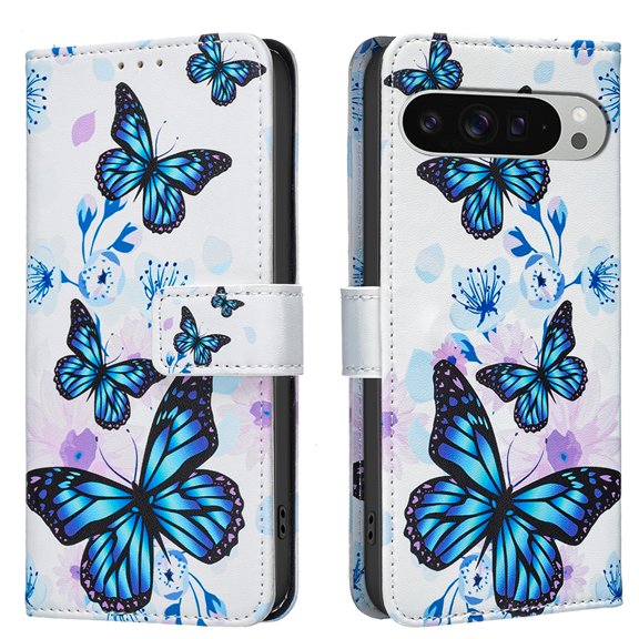 Wallet Case Compatible with Google Pixel 10 /10 Pro with Card Holder, Convertible Stand Flowers Case Magnetic for Women and Girls, Butterfly Floral Protective PU Leather Flip Case, Blue Butterflies