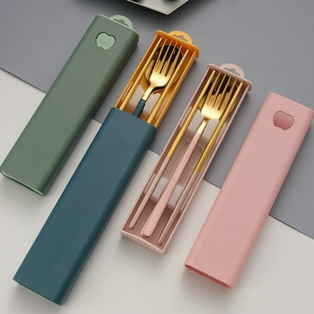 

Hadanceo 3/4Pcs Cutlery Set Portable Creative Pull Apples Box Stainless Steel Student Spoon Fork Chopsticks for Home