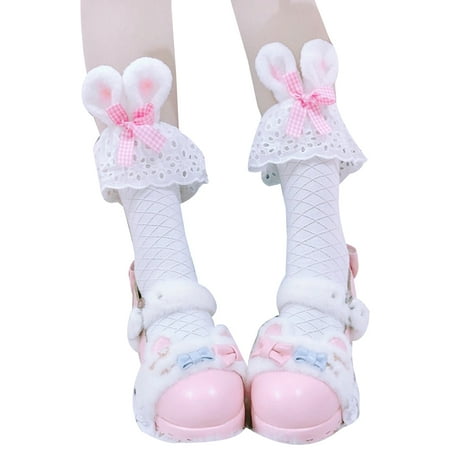 

Lolita Kawaii Cotton Crew Socks Plush Rabbit Bunny Ears Bow Lace Anime Hosiery