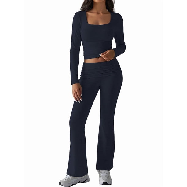 Conjuntos de Salón para Mujer, Conjuntos Casuales Y2K de 2 Piezas, Tops Cortos de Corta, Pantalones Acampanados con Pliegues y Chándales. Azul Marino L