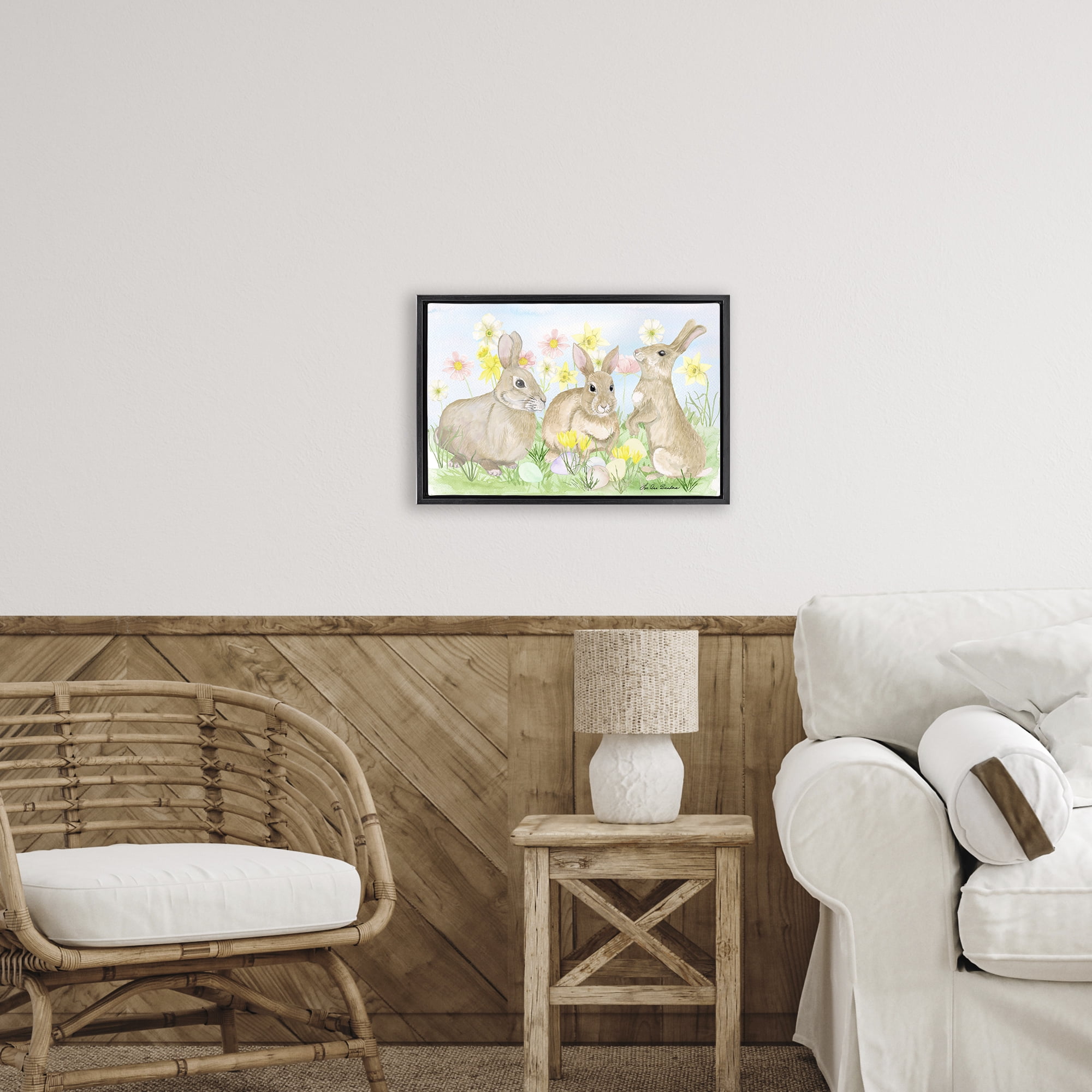 Three Bunnies In The Grass Black Framed Floater Canvas Wall Art, design by Lee Ann Sanders