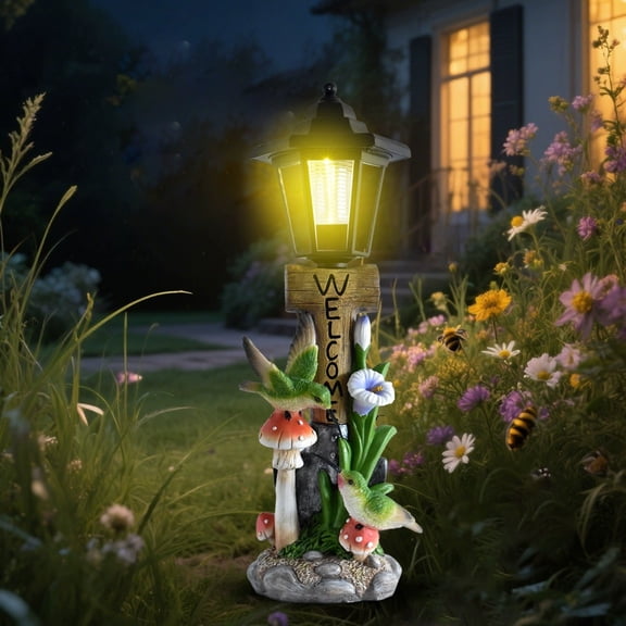 Outdoor Solar Garden Lights with Welcome Sign, Garden Decor for Outside, Solar Garden Statues Outdoor Decor, Solar Powered Hummingbird Garden Light