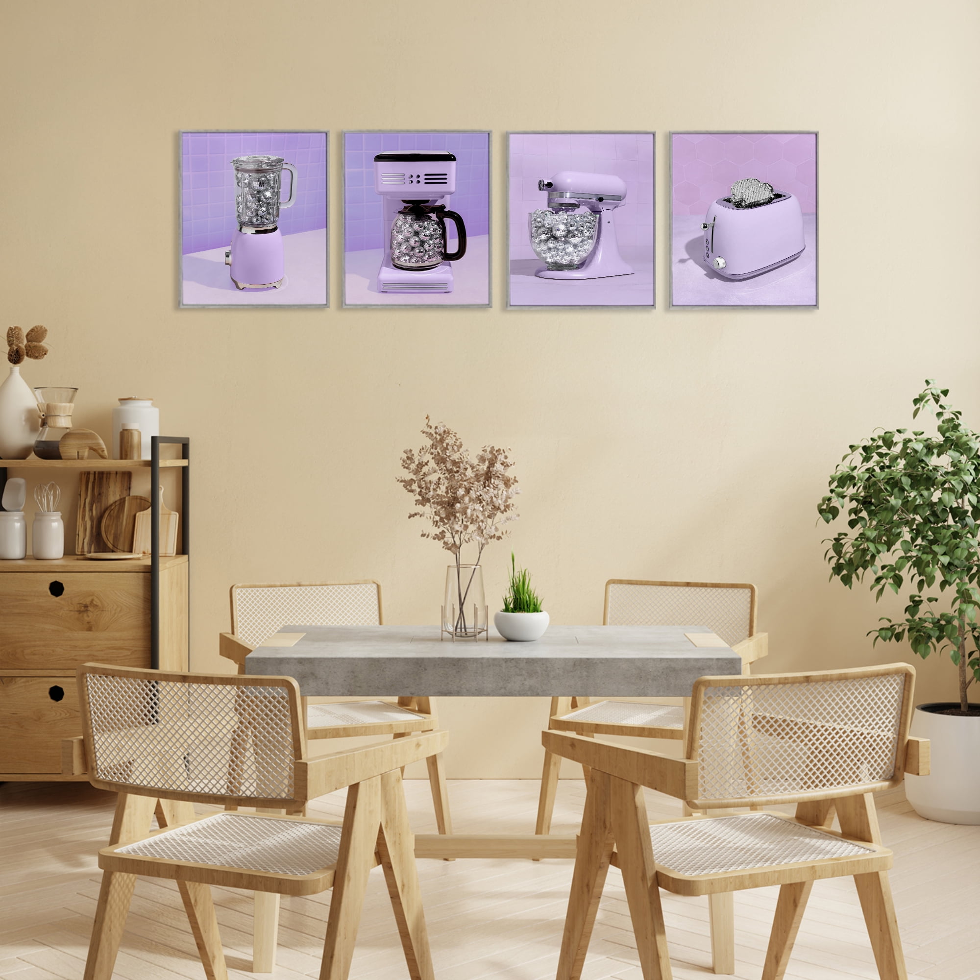 Stupell Industries Disco Kitchen Utensils in Purple 4 Piece Gray Framed Giclee Art Set, design by LISH Creative