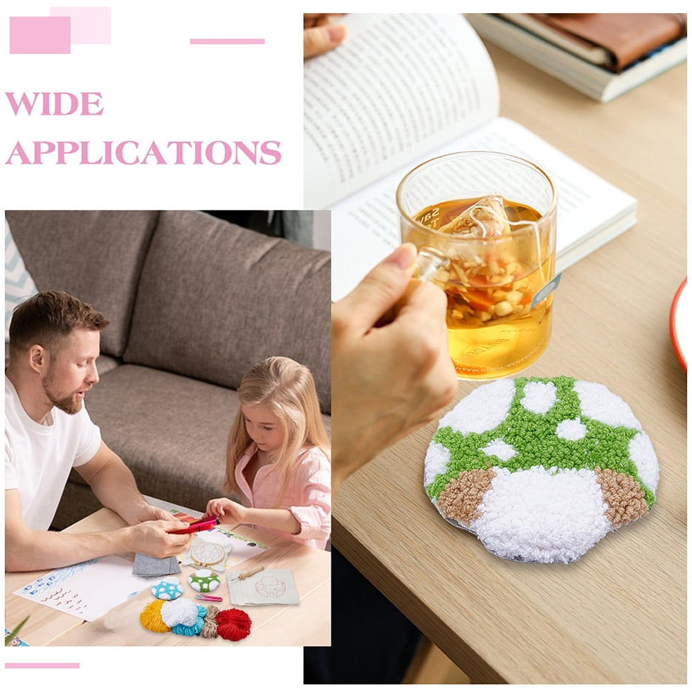 8Pcs 8 Styles DIY Polyester Coaster Punch Embroidery Starter Kits Including Threads Mushroom 116~117x115~118mm 1pc/style