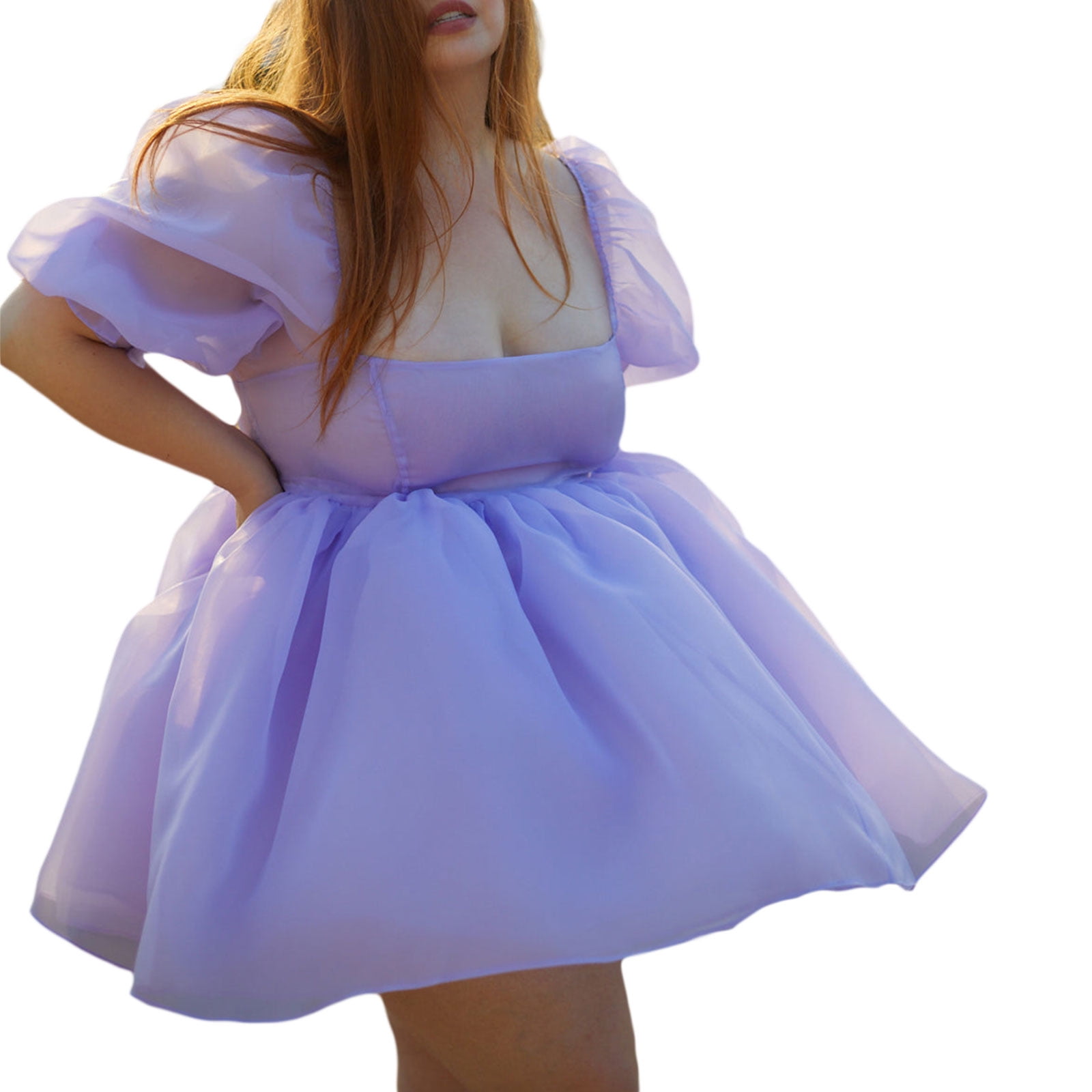 Women Puffy Tulle Princess Dress Square Neck Bubble Sleeve