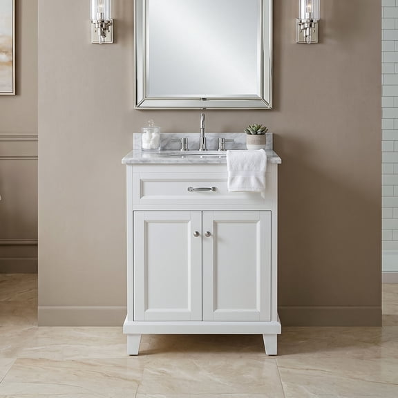 Dreamwerks 24" W x 35" H Bathroom Vanity in White with Solid Wood & Carrara Marble Top