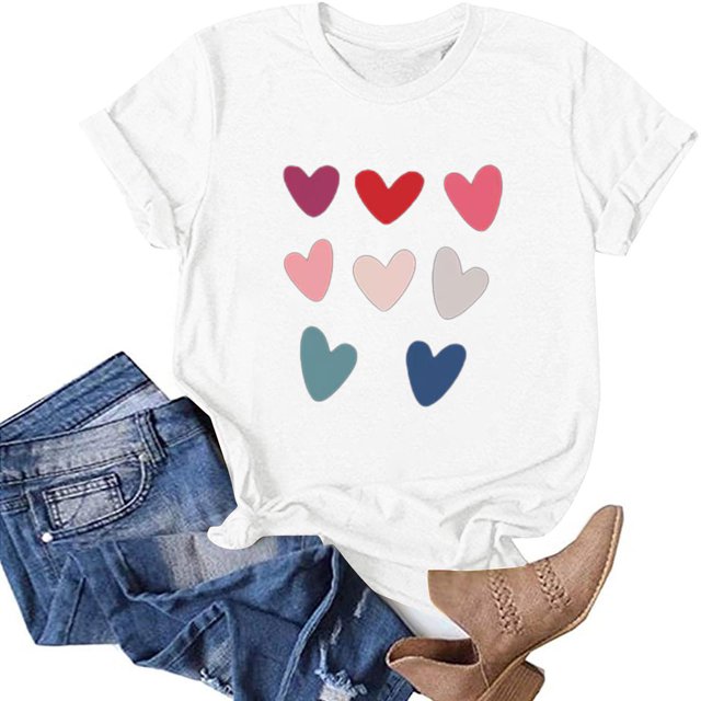 TIMIFIS T-Shirts de la Saint-Valentin pour Femmes, Manches Courtes, Col Rond, Mode, Imprimé Cœur d'Amour