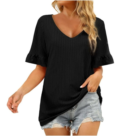 USSUMA Womens V Neck Tops Ruffle Short Sleeve Knit T-Shirt Blouses Summer Casual Loose Flowy Shirts