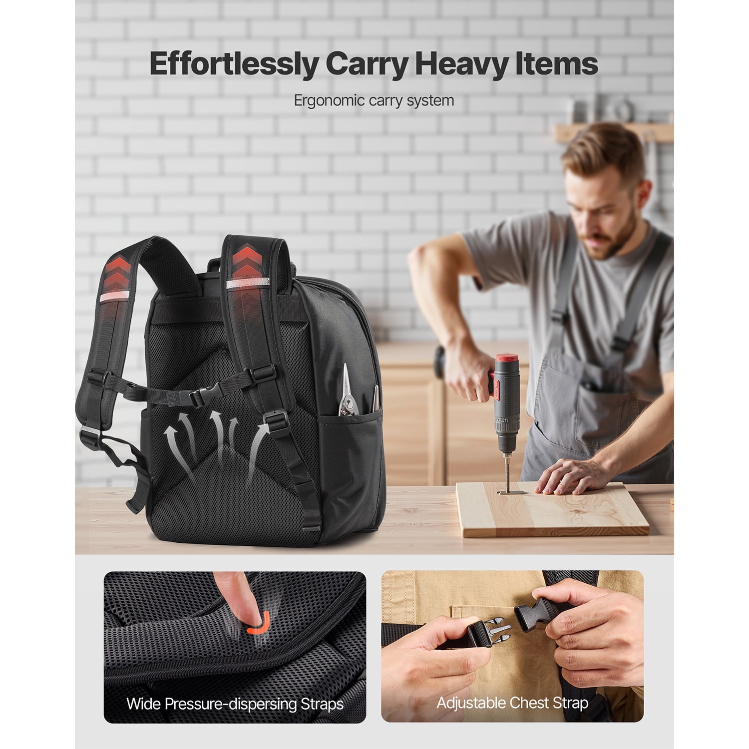 KFFKFF Tool Backpack with 49 Pockets, Durable Storage Organizer for Tools, Work Bag with Laptop Slot and Reinforced Base, Ideal for Electricians and Repair Technicians