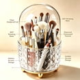 thumbnail image 4 of Extra Large 360° Rotating Makeup Brush Organizer with Dome Dustproof Lid, Diamond Embossed Clear Cosmetic Storage for Brushes Lipsticks Eyebrow Pencils, Gold Footed Vanity Countertop Holder, 4 of 5
