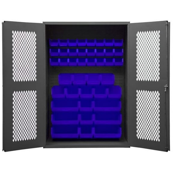 14 Gauge Flush Door Style Lockable Clearview Cabinet with 42 Blue Hook on Bins, Gray - 48 x 18 x 72 in.