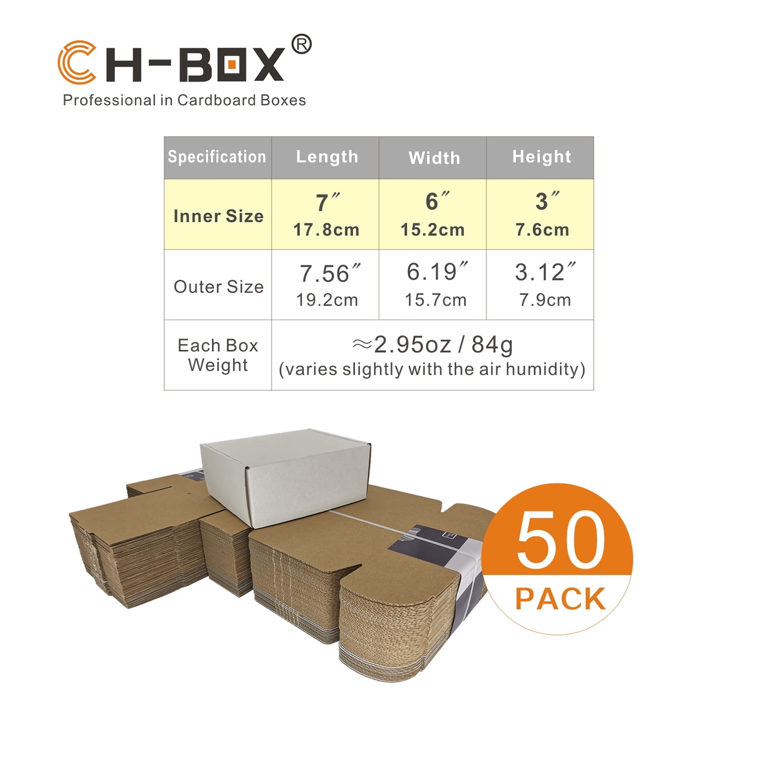 CH-BOX 50 Pack 7x6x3'' Small Corrugated Box Mailers White for Shipping Mailing Packaging