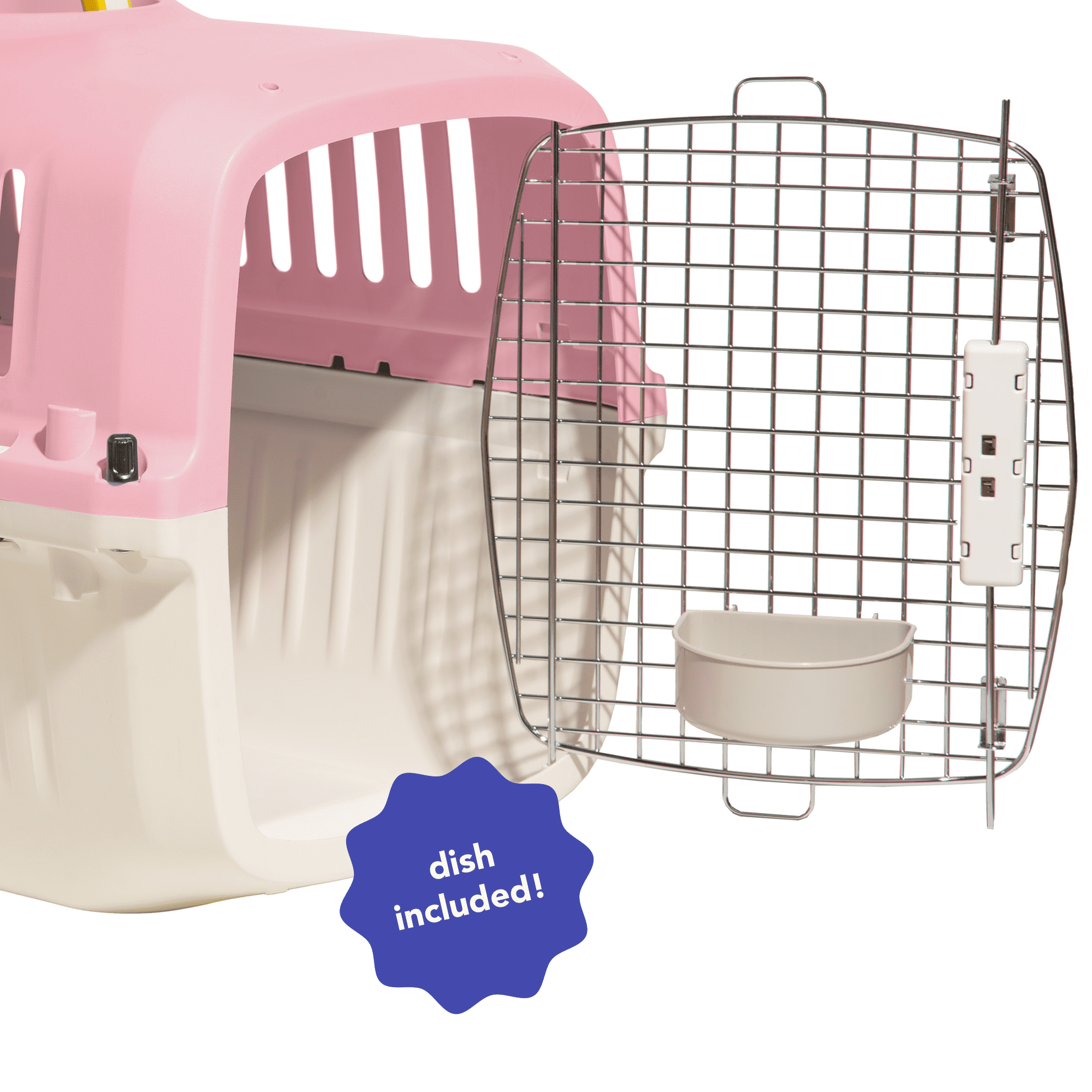 Oodles 24" Plastic Travel Pet Kennel, with Clip On Bowl, Pink