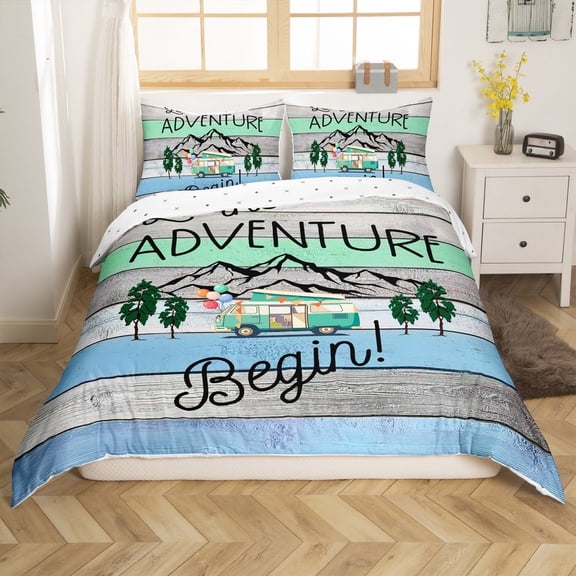 Erosebridal Cartoon Car Comforter Cover Twin,Happy Camping Bedding Twin Size,Lodge Cabin Duvet Cover Twin,Breathable Boys Bedroom Decor(No Comforter),Reversible,3pcs