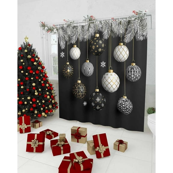 Polyester Fabric Black Christmas Shower Curtain, Xmas Pine Needles Balls Snowflake Waterproof Bathtub Curtain Bathroom Decor Set with Hooks 72 x 84 Inches