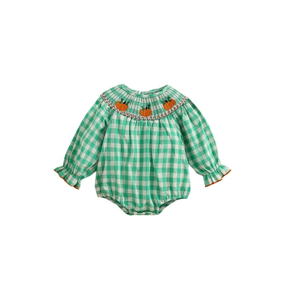 ZINTAOZT Toddler Baby Girl Halloween Clothes Plaid Pumpkin Romper Long Puff Sleeve Bodysuit One Piece Fall Outfit 0-3T