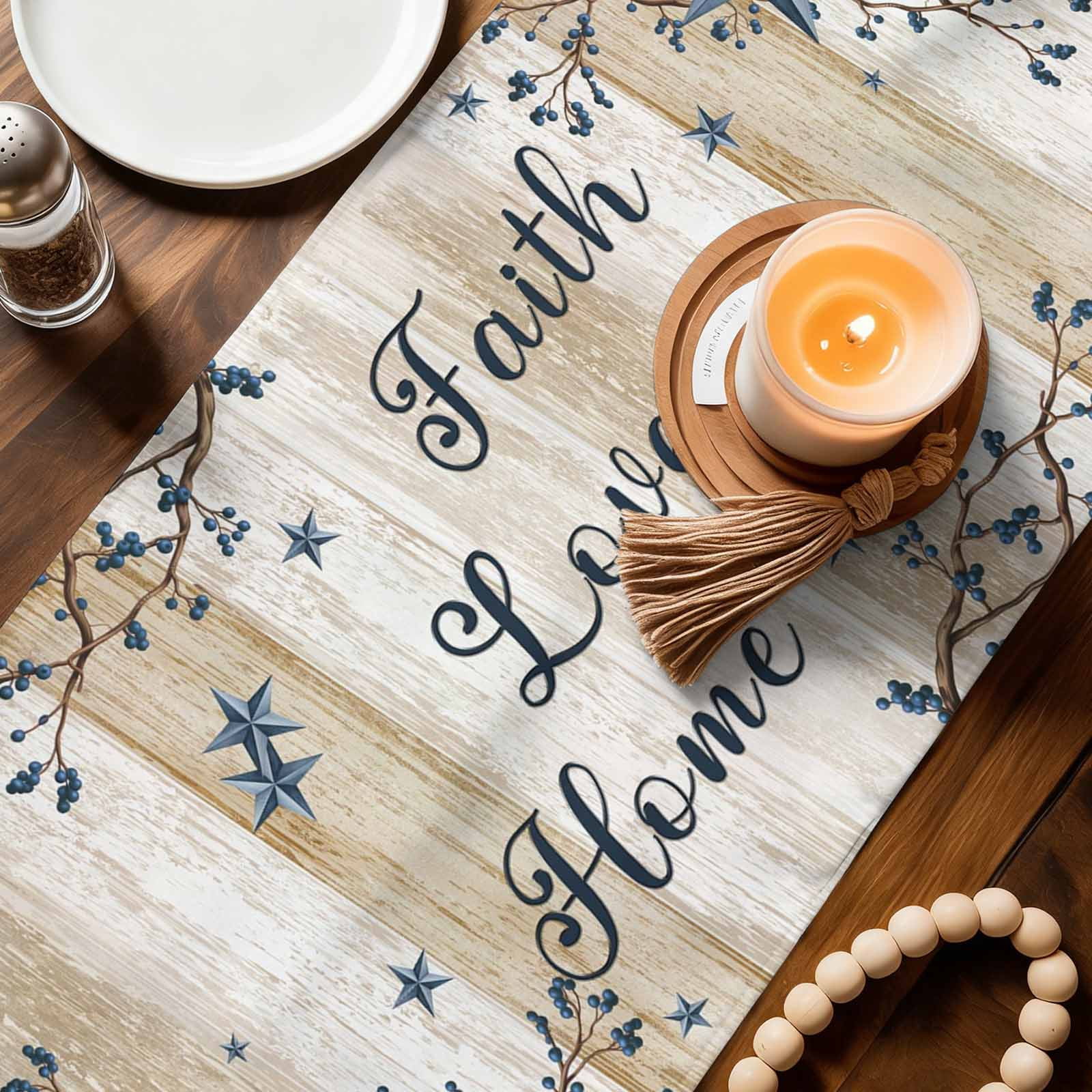 Vintage Country Cotton Linen Table Runner for Dining Kitchen, Blue Rustic Texas Star Vines Wooden Grain Wedding Outdoor Party Tablerunners, Dresser Scarf Coffee Tablecloth Runners 13x60 Inches