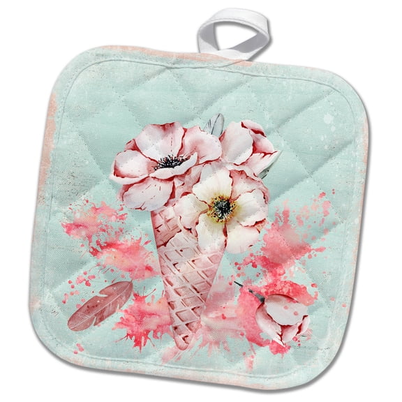 3dRose, Pink Flowers In an Ice-Cream Cone in Pastel Watercolor Illustration, 8x8 Potholder