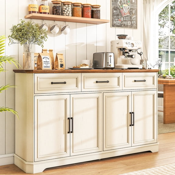 FIAKOA 64" Farmhouse Buffet Cabinet with Charging Station, White Sideboard Cabinet with Wood Doors & 2 Drawers, Kitchen Coffee Bar Credenza for Dining Room