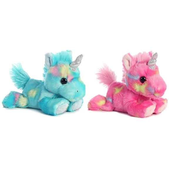 Aurora Bundle of 2 Plush Beanbag Unicorns, Blueberry Ripple Unicorn & Jelly Roll Unicorn Blue/Pink