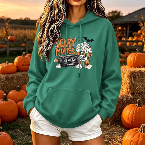 Molidfa Womens Scary Movies Hoodie Retro Graphic Oversized Halloween Pullover Top