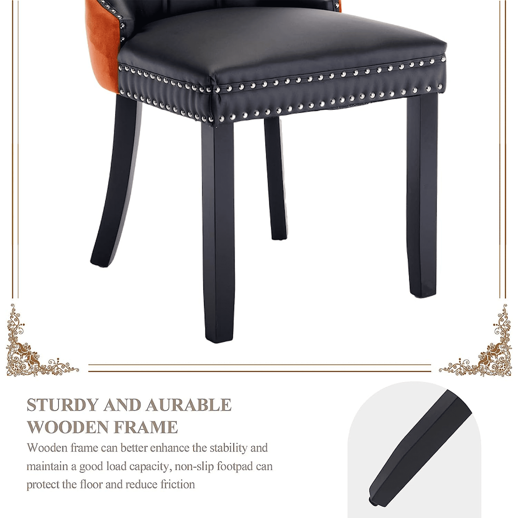 PORKISS Dining Chairs Set of 2, Modern Wood and PU Dining Chairs with Back Ring and Nailhead Trim, Upholstered Tufted Velvet Chair with Wood Legs for Dining Room, Kitchen, Black/Orange