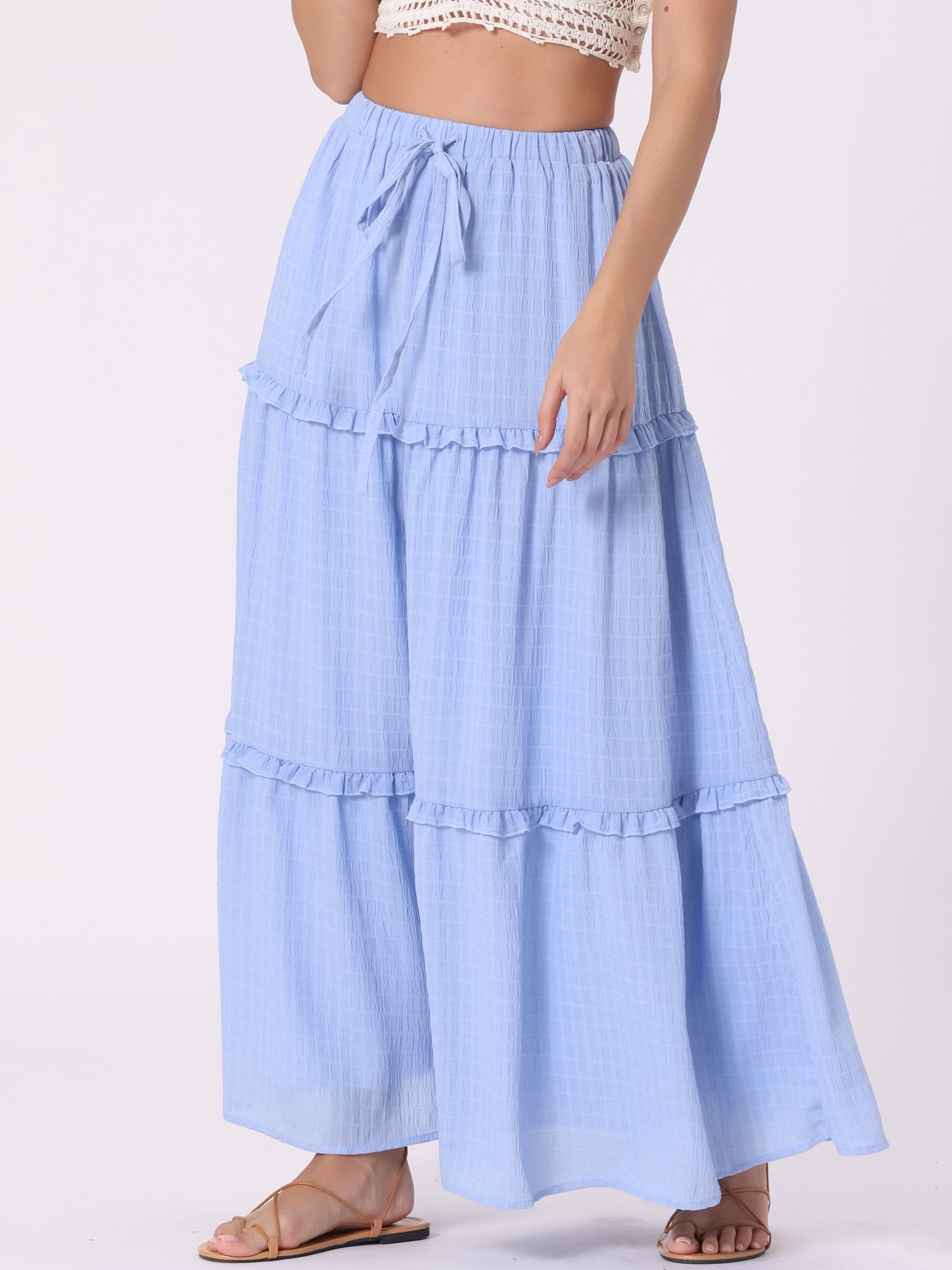 DARING DIVA Women's Ruffle Swing Skirts Beach Tiered Long Maxi Skirt S Light Blue