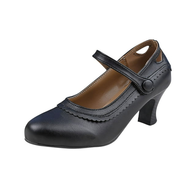 LOVZFMLL Chaussures pour Femmes Talons Blocs Épais Chaussures Mary Jane Vintage Bout Rond Bride à la Cheville Bureau Mariage Chaussures de Robe Noir 7.5