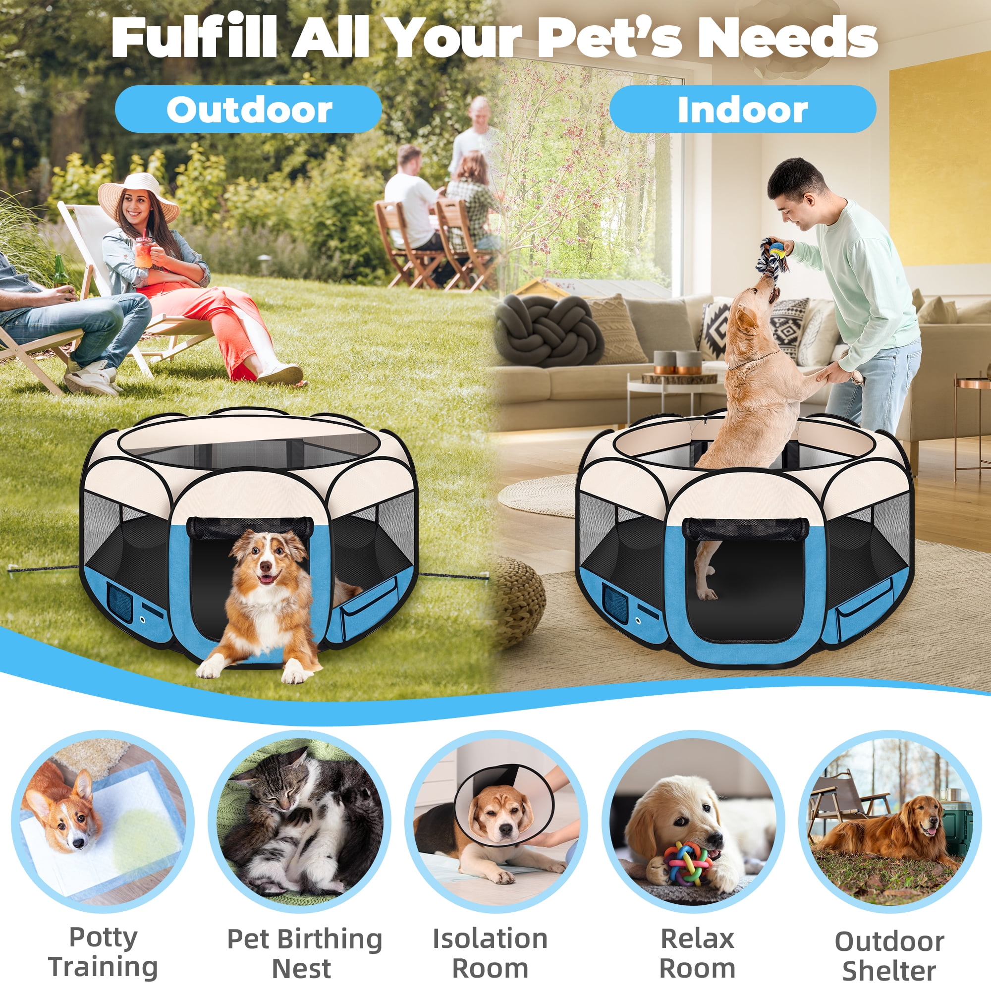 Large Pet Playpen for Dogs & Cats,45"/ 114CM Diameter 23"/60CM Height Pet Playpens Foldable Portable Indoor Outdoor Exercise Pen with Carrying Case for Cat Puppy Rabbit, Blue