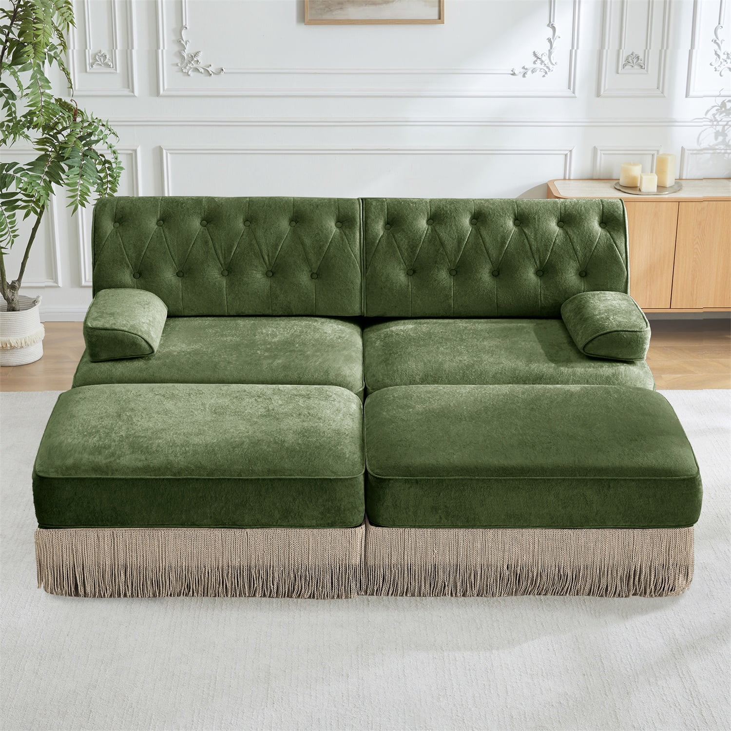 Hommoo 2-Seater Chesterfield Style Velvet Fabric Sofa Couch set with 2 Ottomans, Tufted Button Upholstered Design and Floor-grazing Tassel, Free Combination Sectional Sofa, for Home, Green