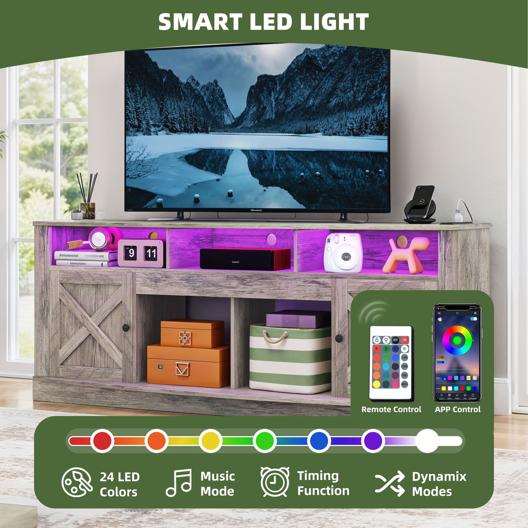 Uforic 70'' TV Stand for 80-Inch TV, Entertainment Center with Multi-Color LED Lighting, Charging Outlets, & Plenty of Storage for Living Room, Rustic Gray