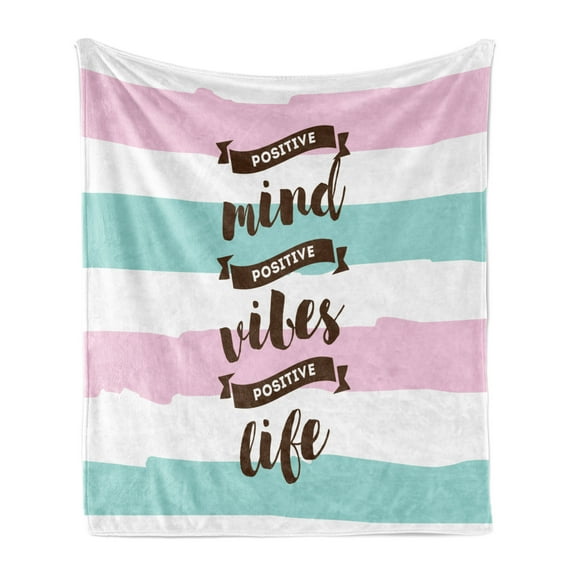 Saying Soft Flannel Fleece Throw Blanket, Positive Mind Vibes Life Lettering on Bicolour Brushstrokes, Cozy Plush for Indoor and Outdoor Use, 60" x 80", Baby Pink Pale Seafoam, by Ambesonne