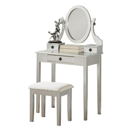 Roundhill Furniture 3 Piece Adult Modern Makeup Storage Stool and Mirror Table Set Silver