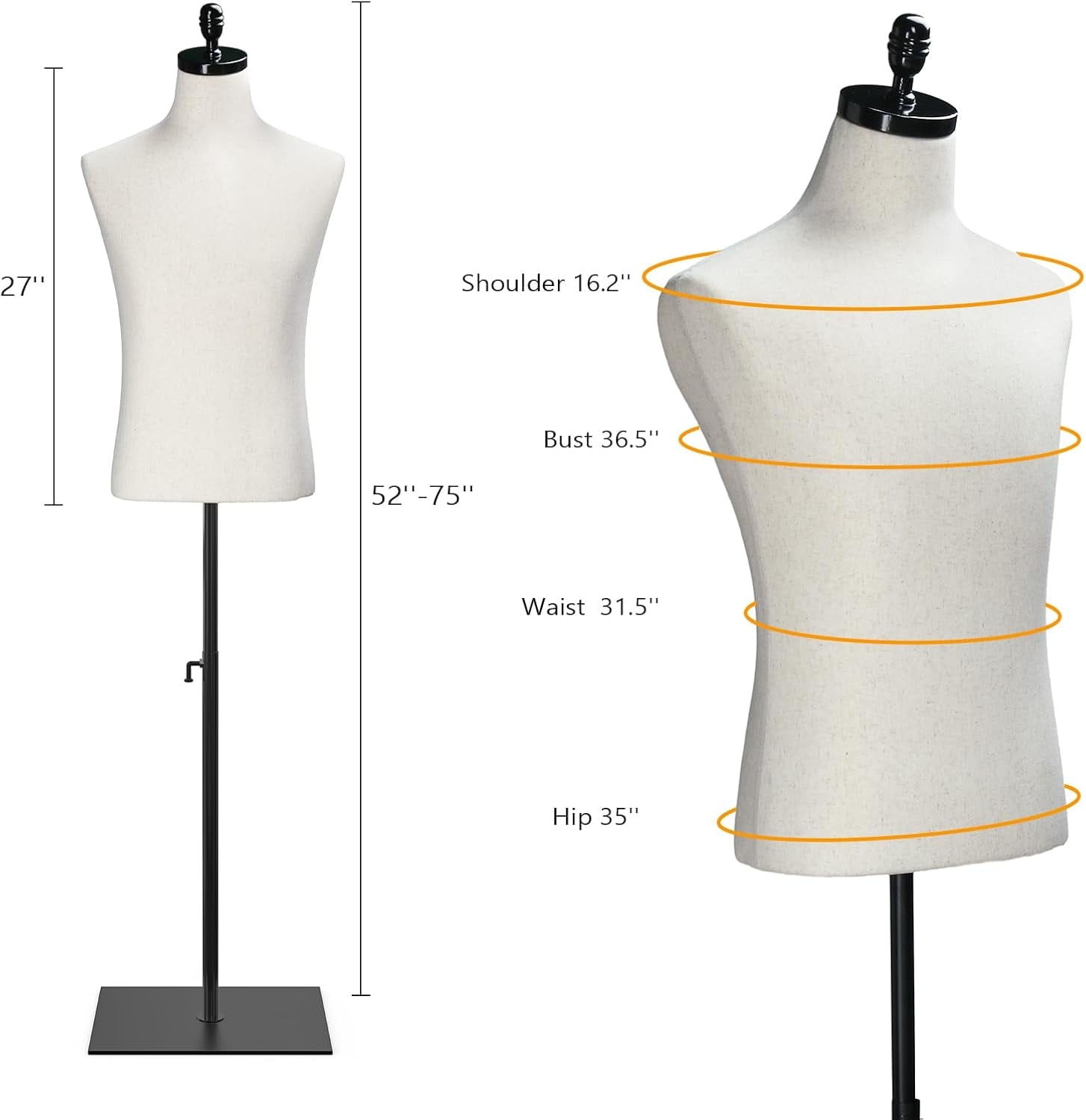 VINGLI Male Mannequin Torso with Wooden/Metal Stand, Adjustable Height Male Dress Form Body for Clothing Display and Sewing